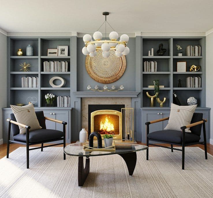 Living room with fireplace and shelving
