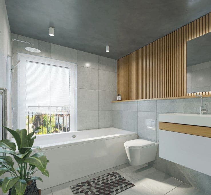 Bathroom with timber slats and wall-hung vanity