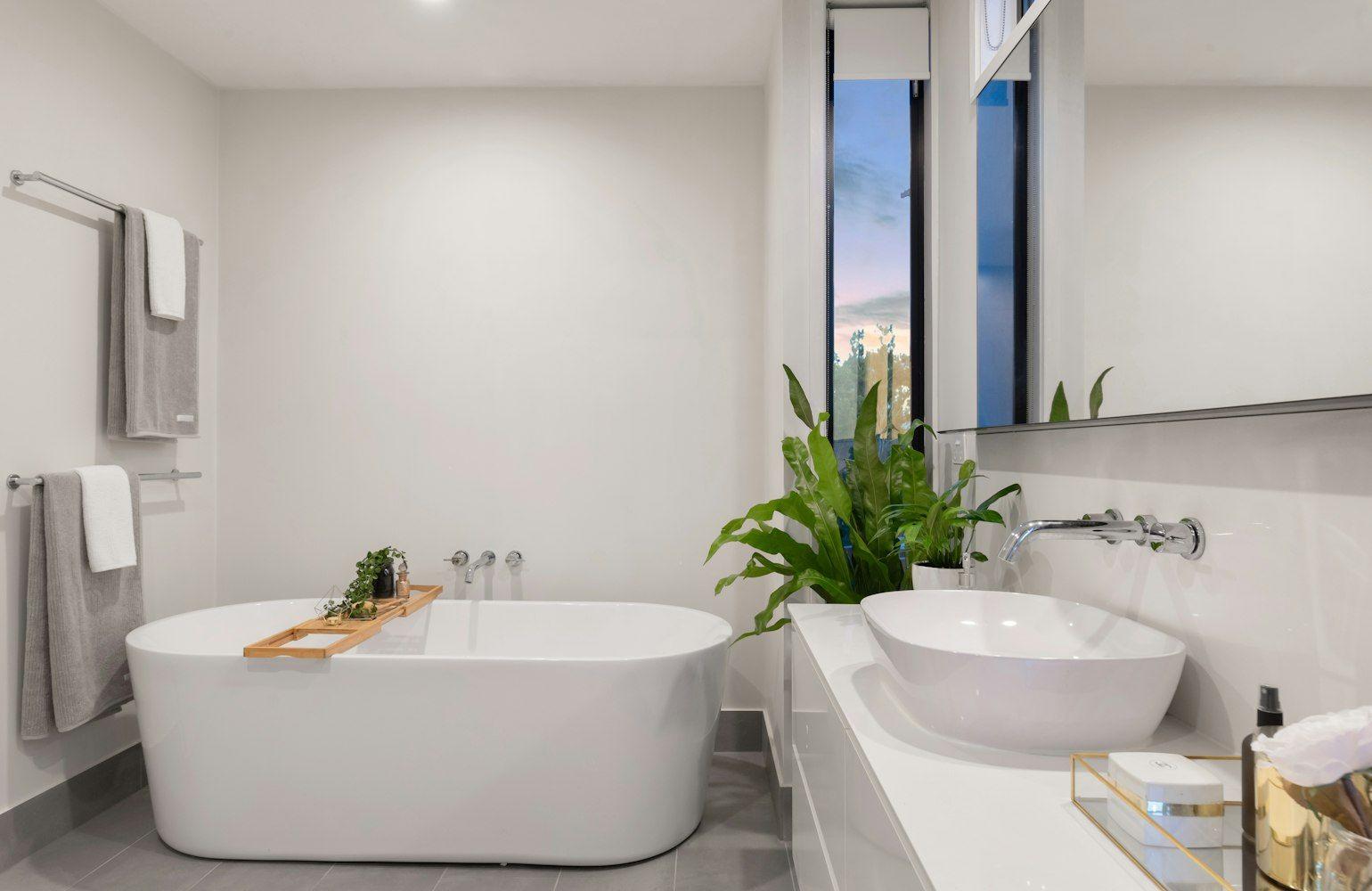 Spa-style bathroom with freestanding bath