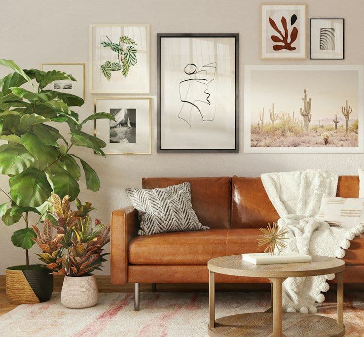 Leather sofa with gallery wall and plants