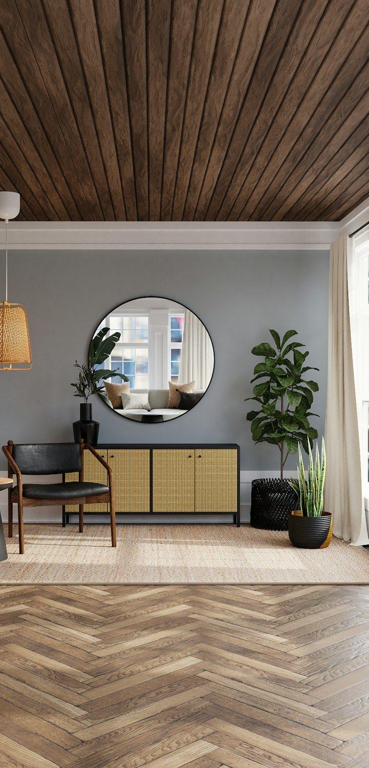 Living room with low coffee table and arc floor lamp