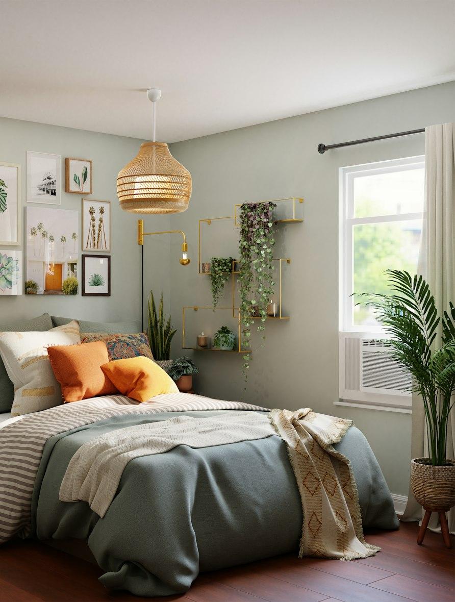Calm bedroom with layered bedding and rattan pendant