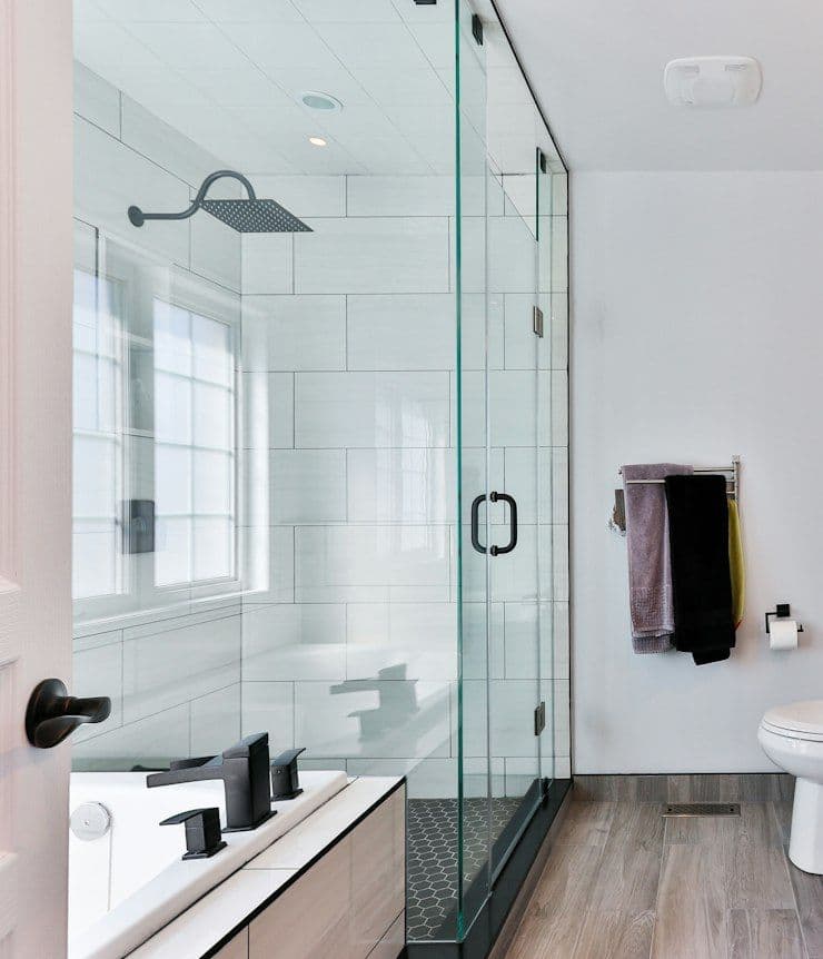 Modern bathroom with walk-in shower and floating vanity