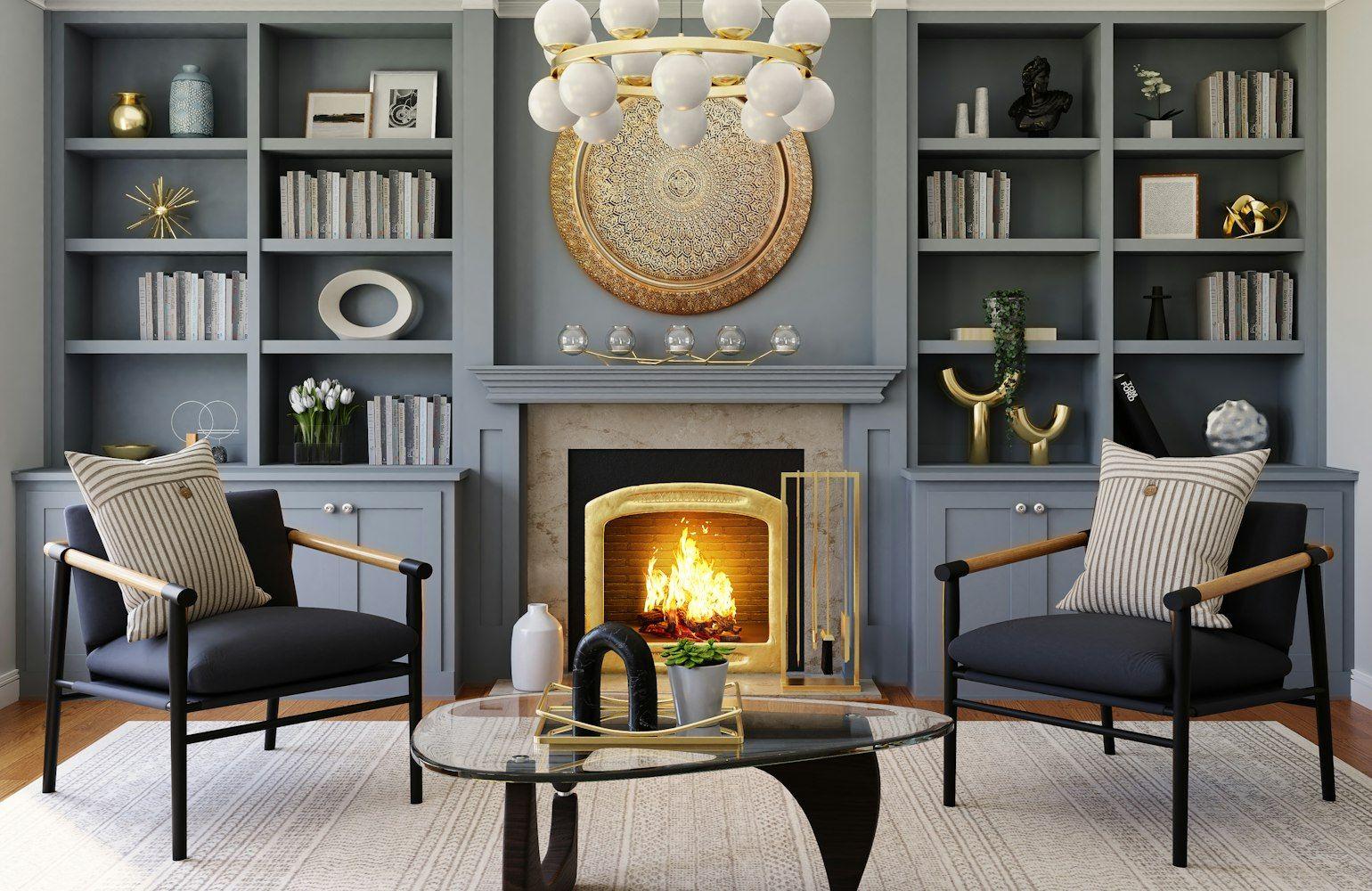 Living room with fireplace, bookshelves and globe chandelier