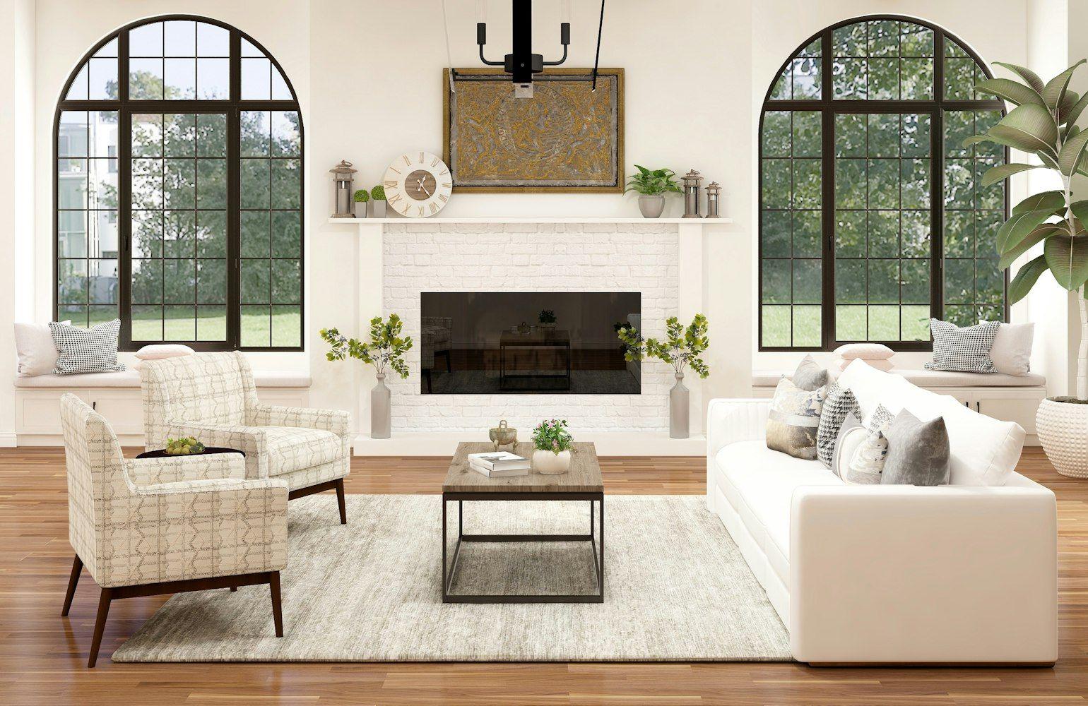 Open-plan living room with grey sofas and dining area