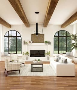Open-plan living room with grey sofas and dining area
