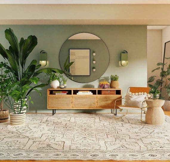 Sage green living room with round mirror and plants